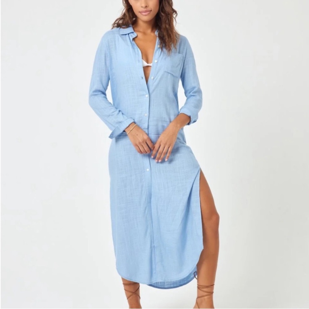 l*space Sky Blue Long Sleeve Button-Down Maxi Shirt Dress